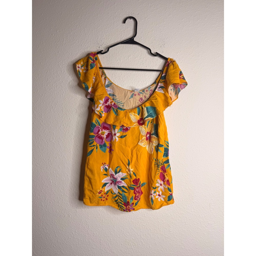 Old Navy Floral Ruffle Blouse Womens M Yellow Tropical BoHo Cottage Off-Shoulder